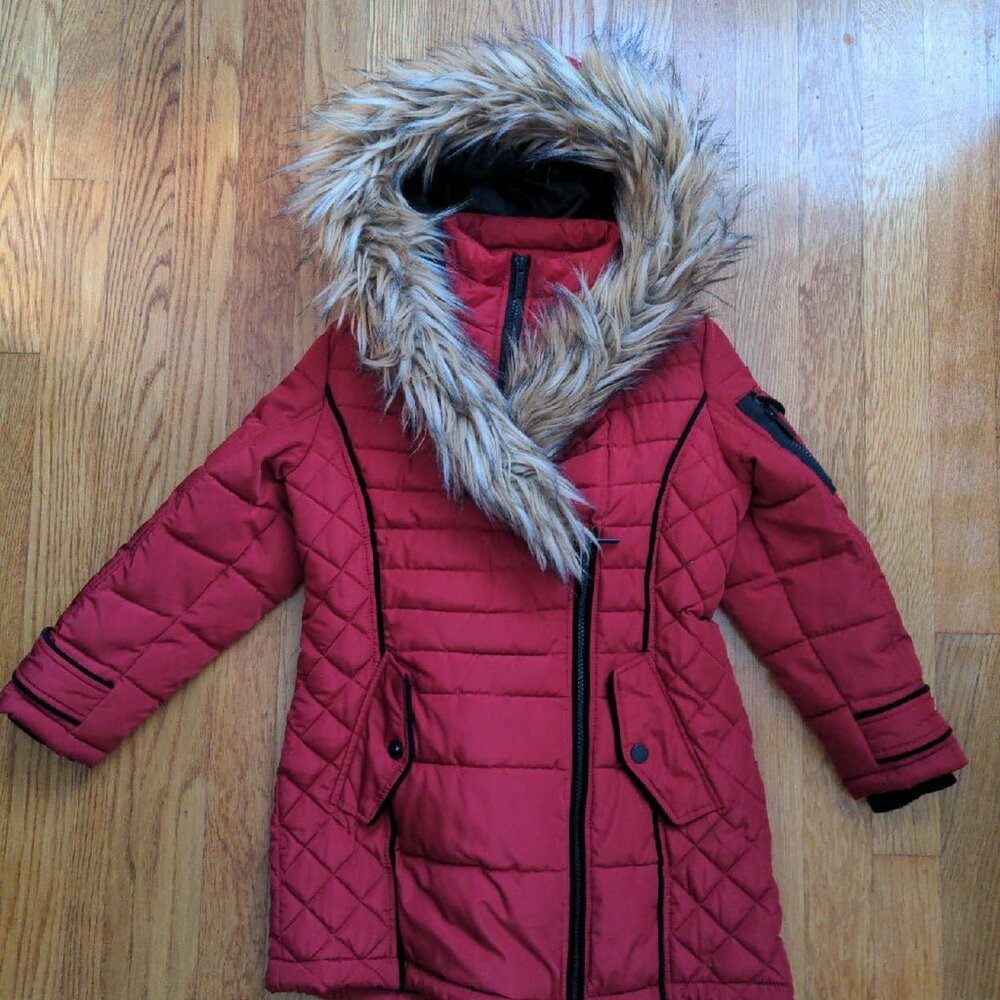 DKNY DONNA KARAN NY KIDS WINTER COAT JACKET PUFFER FAUX FUR COLLAR RED 6X